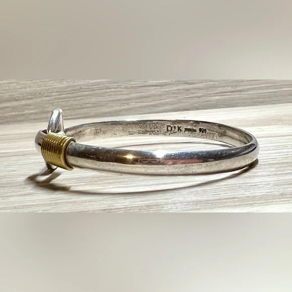 Vintage Designer Signed DK Sterling Silver & Brass Hook Bangle Bracelet - Picture 2 of 7